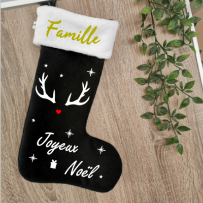 Chaussette de Noël Noir - prénom + tête de cerf et joyeux noël
